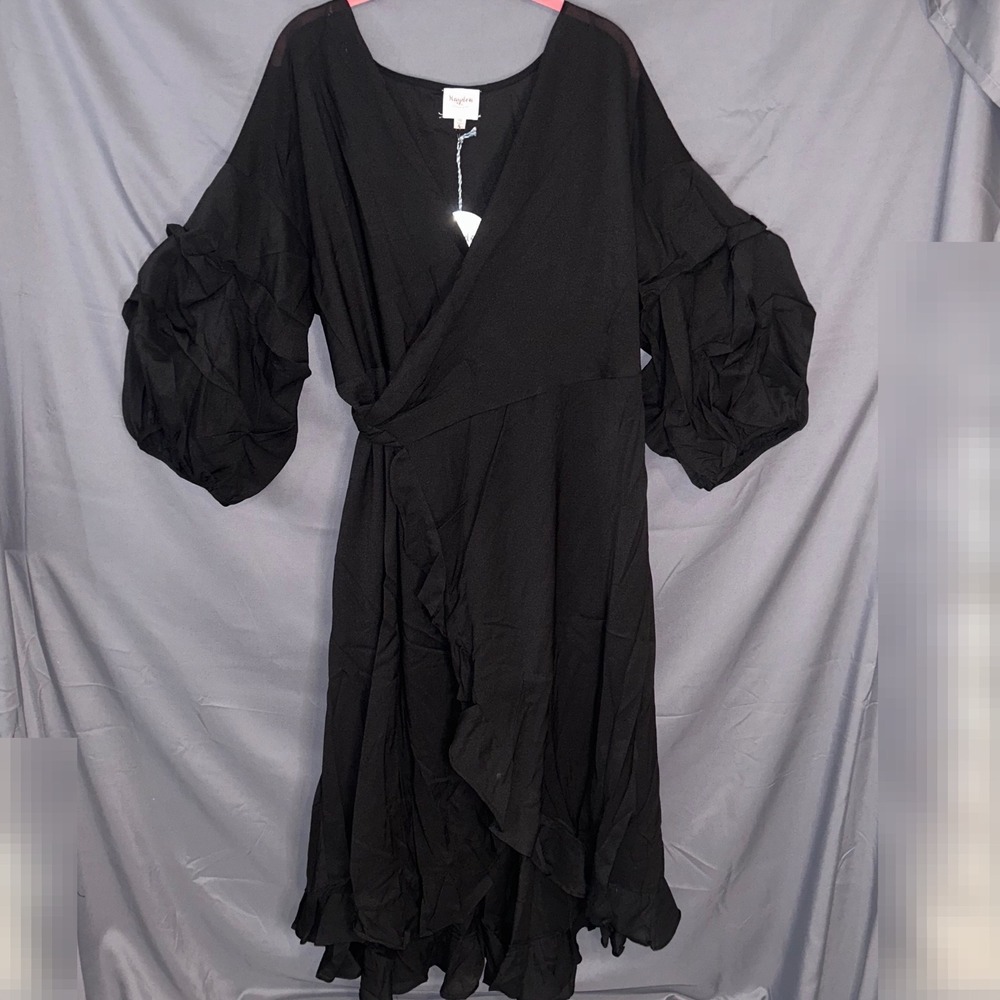 Hayden Los Angeles Black Wrap Maxi Dress Balloon Sleeve‎ Ruffle Hem Size 2XL